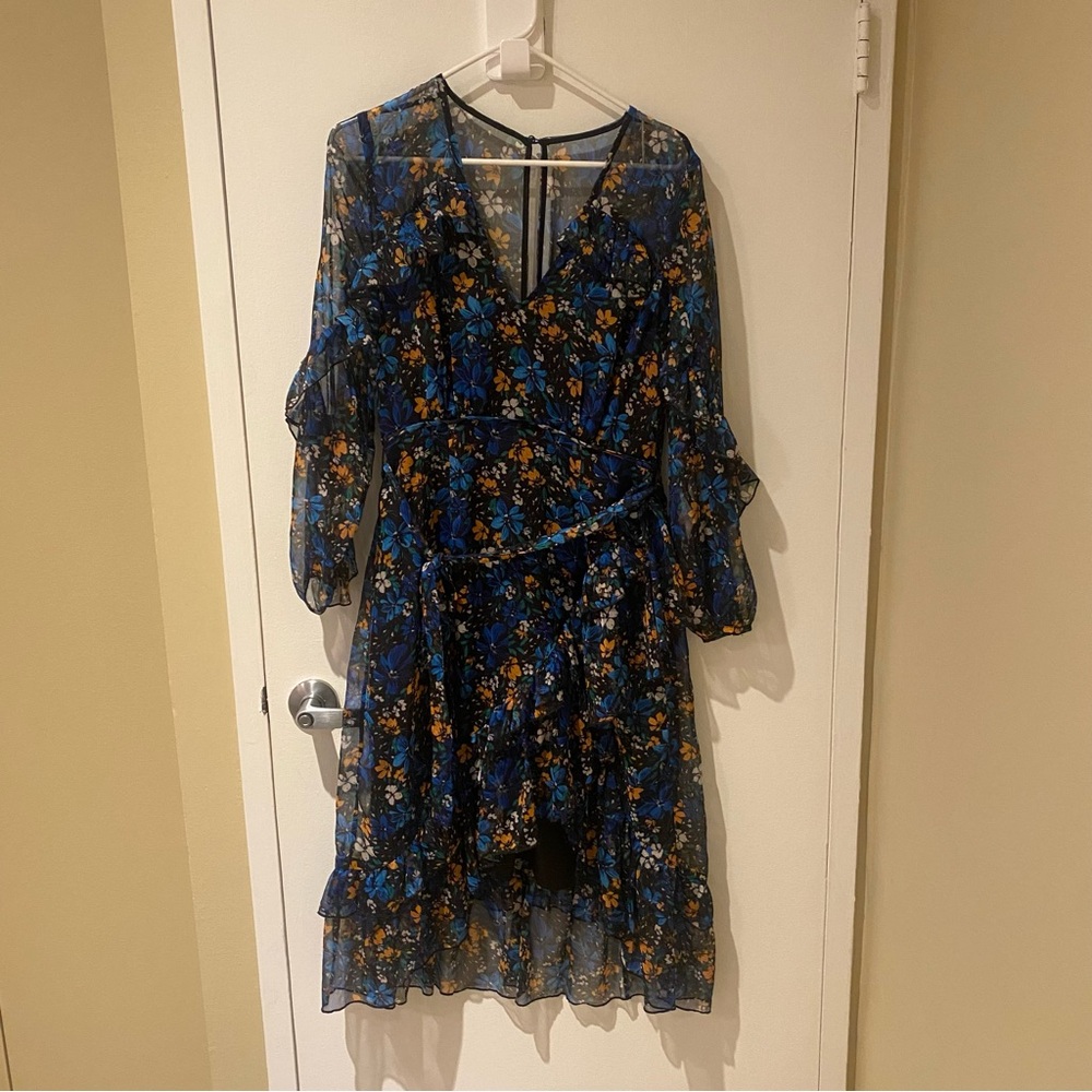TALULAH Blue and Orange Ruffled Tiered Long Sleeve Dress
